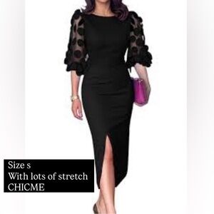 NWOT Chic Black Dress with Sheer Polka Dot Sleeves